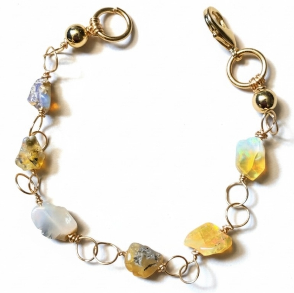 Nature's Raw Ethiopian Fire Opal In Freeform Artisan Gold Plated Bracelet